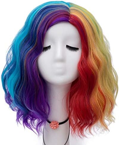 NiceLisa Women 16 Inches Middle Length Water Wave Rainbow Colorful Fashion Daily Cosplay Wig