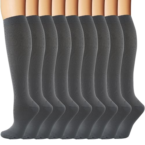 IMAGERIO 9 Pairs Compression Socks for Women and Men Circulation, Knee High Best Support Socks for Athletic Running, Hiking, Nurse, Travel, Recovery -Gray (M)