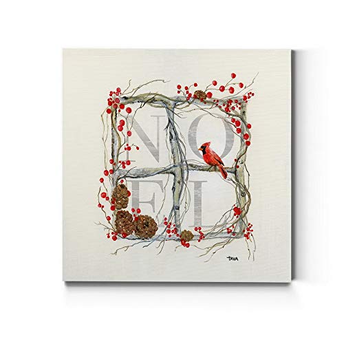 Renditions Gallery Noel Window Wall Art, Christmas & Winter Artwork, Red Holly Berries & Cardinal, Pinecones, Premium Gallery Wrapped Canvas Decor, Ready to Hang, 16 in H x 16 in W, Made in America