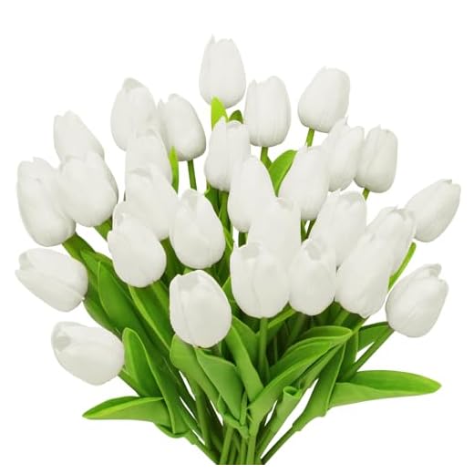 28pcs White Flowers Artificial Tulip Stems Real Feel PU Tulips for Easter Spring Wreath Wedding Bouquet Centerpiece Floral Arrangement Cemetery Table Décor 13" Tall
