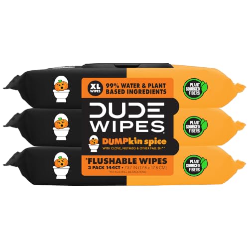 Image of DUDE Wipes Dumpkin Spice Adult Flushable Wipes, Pumpkin Scented, 144 Count | Pumpkin spice scented. 99% water, extra large flushable butt wipes. Clove and nutmeg. Septic safe. 3 packs of 48.