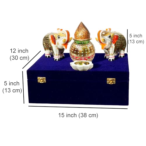 Premium Auspicious Marble Gift Box Set for Diwali, Weddings, Grihpravesh | Handcrafted Marble 2 Pcs Big Size 5" Elephants, Mangal Kalash, Shreephal, Diya (12x15 inch) — photo — 8 of 9