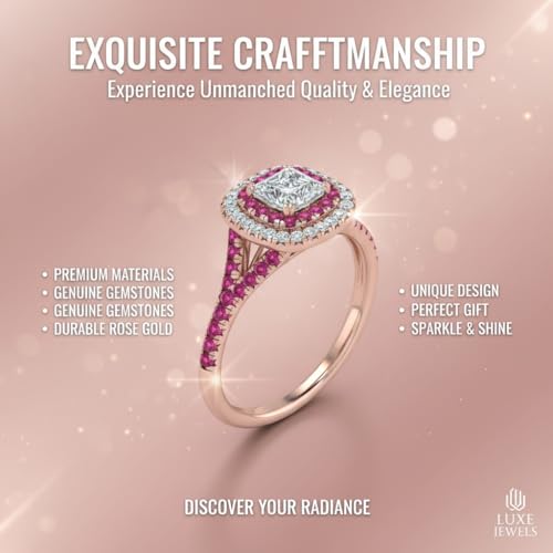 Image of Choose Your Gemstone Delicate Double Halo Diamond CZ Ring Rose Gold Plated Princess Shape Halo Engagement Rings Matching Jewelry Wedding Jewelry Easy to Wear Gifts US Size 4 to 12