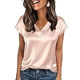 Generisch Satin Bluse Damen Elegant V Ausschnitt Sommer Oberteile mit kurzen Ärmeln Weich Leicht Oberteil Business Lässige Kleidung Damen Gold L 31