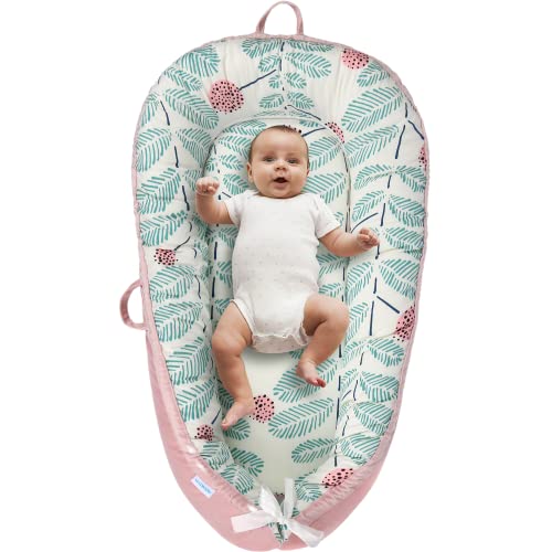 Image of VIVIMOON Baby Lounger for Newborn Gifts 0-12 Months - Ultra Soft, 100% Natural Breathable Cotton Newborn Lounger - Infant Floor Seats & Loungers - Baby Essentials Baby Registry Search -Pink Gril