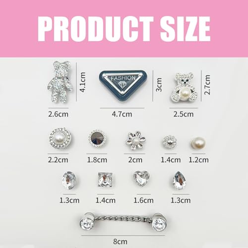 13 PCS Silver Crystal Diamond Shoe Charms - DIY Sandals Accessories With Cute Bear, Flower, Pearl Chain for Women Girls Shoes - Birthday Party Gift