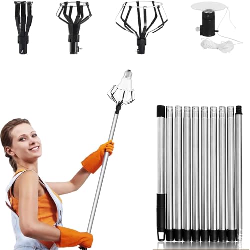 TerraShine ランプチェンジャー 電球チェンジャー 電球交換棒 Ledランプチェンジャー 高所電球交換用 伸縮式 延長ポール 多様アダプター 電球交換 高所作業 フルーツ収穫 家庭オフィス果樹園対応 アダプター付き バスケットと吸盤付き（10段伸縮ポール-355cm）