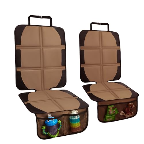 Image of Car Seat Protector, 2 Pack Baby CarSeat Covers with Mesh Pockets & Non-Slip Backing 600D Durable Seat Protectors Under Car Seat for Baby (Black & Brown, Large)
