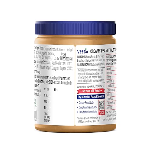 Image of Veeba Creamy Peanut Butter| High Protein | Naturally Gluten Free | Vegan | Trans Fat Free | No Added Preservatives | No Added Colour & Flavour | Non GMO | 900g (Pack of 2)