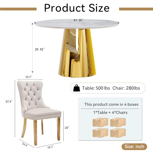 Image of 5-Piece Round Dining Table Set for 4, Modern Faux Marble Kitchen Table and Beige Velvet Chairs Set of 4, Luxury 45 inch Circle White Gold Dining Room Tables with Stainless Steel Base