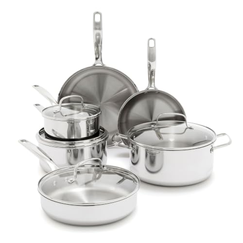 Image of Blue Diamond Pro Steel 10 Piece Tri-Ply Stainless Steel Cookware Set | Multi Clad Pots & Pans, Induction & All Stovetop Suitable, Mirror Polished Finish, Dishwasher Safe, Oven Safe to 850F, Silver