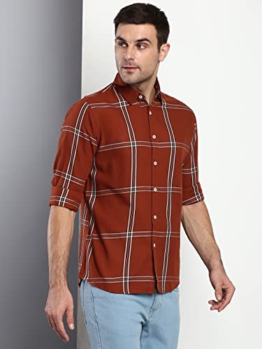 Image of Dennis Lingo Men's Plaid Blue Slim Fit Cotton Casual Shirt with Spread Collar & Full Sleeves