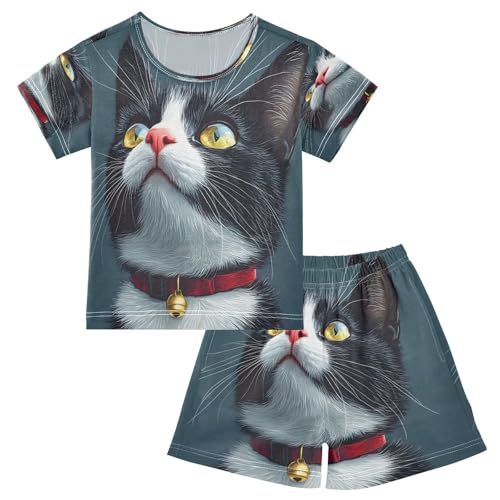 ALAZA Black White Cat Kitten Animal Funny Pajamas Set Short Sleeve Cotton Sleepwear Summer Pjs 2 Piece 5-14Y
