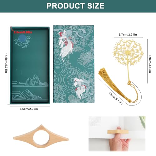 Lesezeichen personalisiert aus Metall mit Dandelion Design & Buchseitenhalter aus Buchenholz - Edel & Schöne Geschenkidee für Bücherliebhaber, Ideal für Besondere Anlässe und Sammler