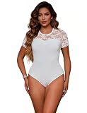 sunshinelady Lace Bodysuit Short Sleeve Leotards for Women Sexy Body Suit Tops Openable Crotch Teddies Lingerie Round Neck T Shirts Basic Bodysuits Plus Size White L