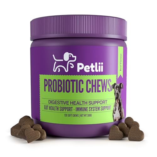 Petlii PROBIOTIC CHEWS - dog probiotics for gut health - digestive enzymes for dogs - Improve digestion, reduce diarrhea, itching and discomfort and eliminate foul odours. 120 Chews per tub