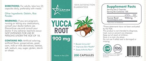 Starfire Supplements Yucca Root 900mg 200 Capsules - Made in The USA - from Yucca Extract Yucca Supplement