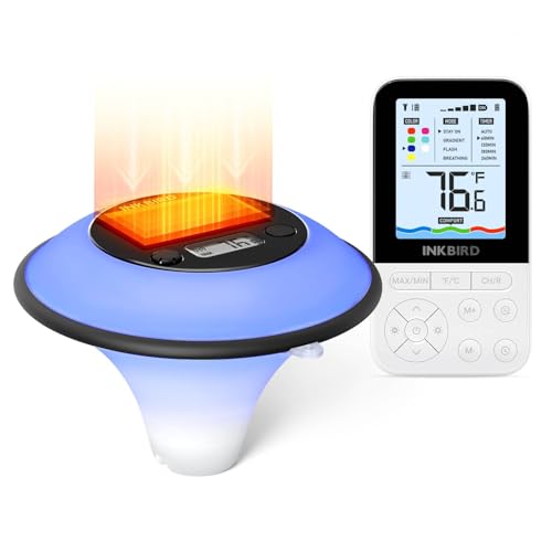 INKBIRD IBS-P05R Solar Powered Wireless Pool Thermometer with Ambient Light | Digital Swimming Pool Thermometer with Indoor Remote Control | IP68 Waterproof | for Hot Spring, Spa, Hot Tub