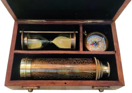 Antique Nautical Brass Telescope with Compass and Sand Timer in Wooden Box Gift Set| Handmade Gift Box | Collectible Gift Box | Home Décor