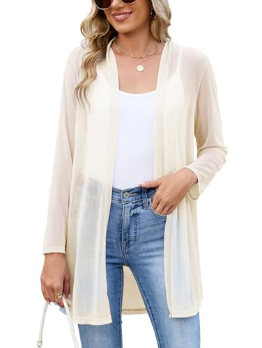 Image of Famulily Ladies Solid Color Sheer Long Cardigans Loose Fit See-Through Summer Cover Ups for Women (L, Beige)