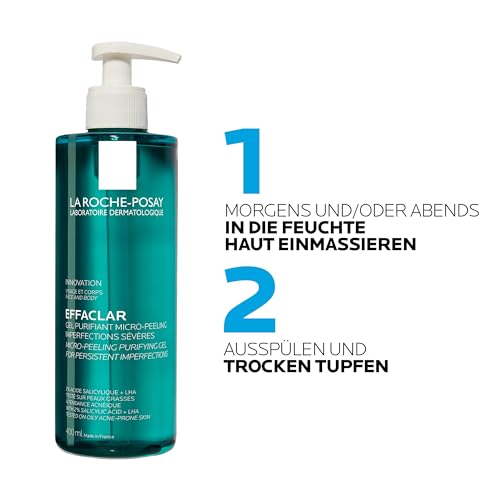 La Roche Posay Mikro-Peeling Reinigungsgel, Für Gesicht und Körper, Für unreine, fettige Haut, Sanft exfolierend, Mit LHA, Salicylsäure, Glycerin und Zink, 400 ml