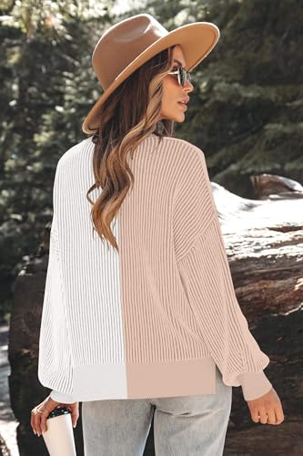 Image of Zeagoo Women 2026 Fall Lightweight Oversized Sweater Crew Neck Long Sleeve Color Block Pullover Rib Knit Blouse Tops XS-2XL