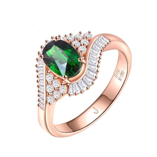 Image of Homxi Promise Ring 18ct Rose Gold Womens, 4 Prongs Oval with 1.32ct Tsavorite and Diamond, Eternity Wedding Band Rose Gold Green Size J 1/2