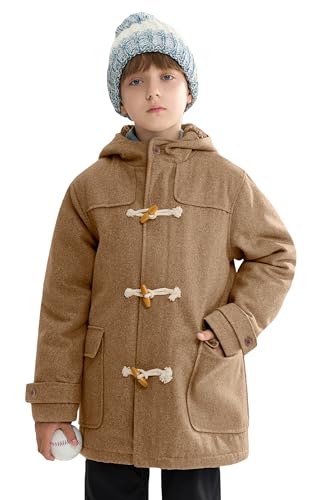 Image of maoo garden Boys Wool Coat Kids Winter Heavy Sherpa Lined Duffle Jacket Hooded Trench Dress Coat Camel 9-10Y