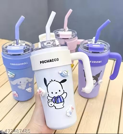 Image of Cute Cartoon Straw Tumbler 860ml with Handle | Doublewall-Reusable Sipper Cup with Lid for Kids & Teens | Lightweight Drinking Mug for Water, Juice & Milk (Blue)