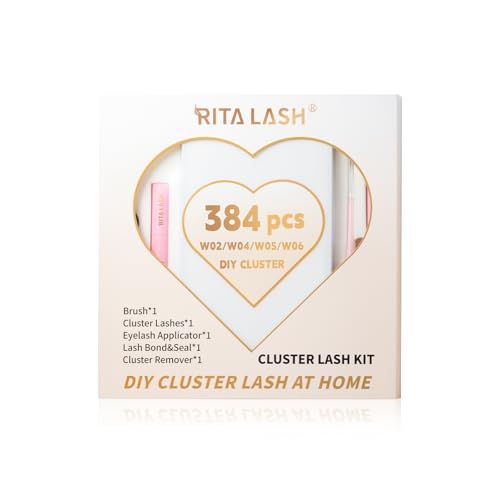 RITALASH DIY Lash Extension Kit 384pcs Lash Clusters Eyelash Extension Kit with Mascara Brush Bond and Seal Lash Glue Remover Lash Applicators (384pcs W02+W04+W05+W06 KIT)