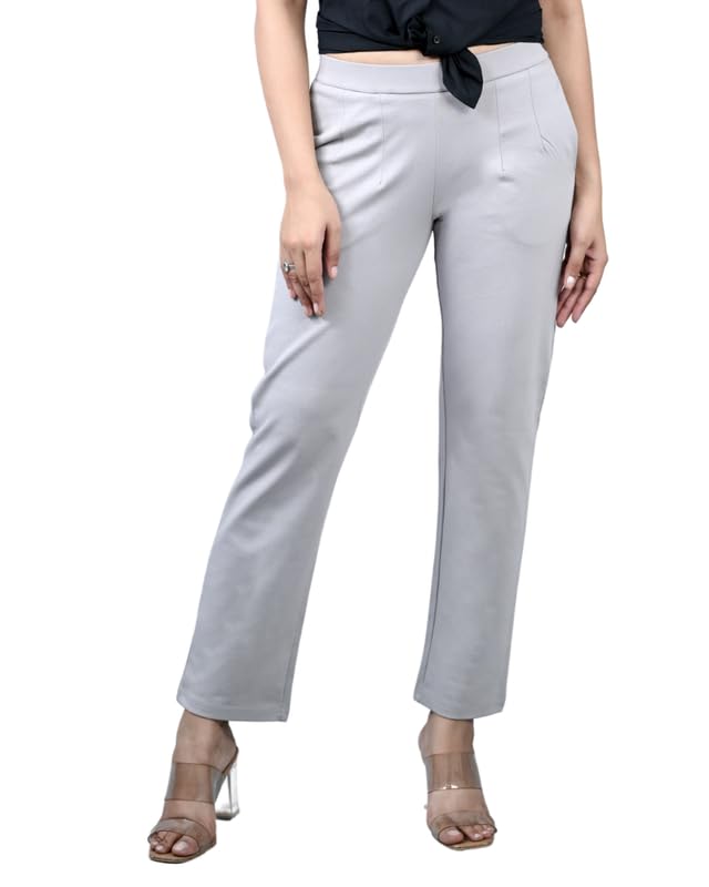 Image of Mlada Straight Fit Cigarette Pencil Pants Elastic Waist Band Mid High Waist Formal Office Trousers for Women, Pockets for Travel Stretch Cotton Knit Full Length Regular /Plus Size