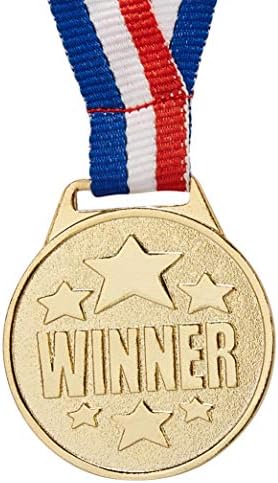 Juvale 12-Pack Bulk Olympic Style Gold Winner Award Medals with Ribbons for Sports, Competitions, Spelling Bees, Party Favors 1.5 Inches Diameter, 15.3 Inches Ribbon Length