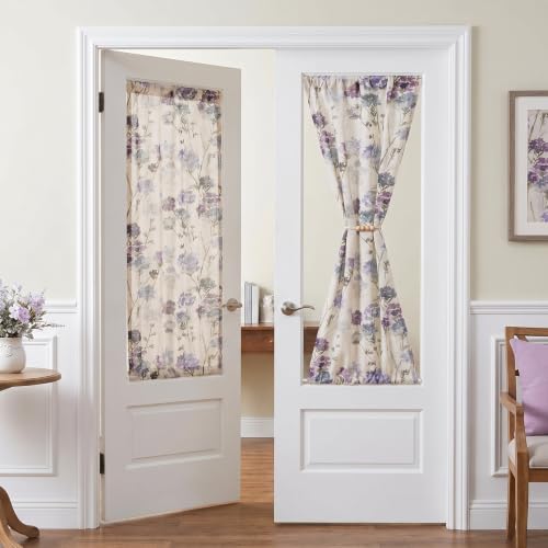 Image of MYSKY HOME Floral Linen French Door Curtains 40 inch Long 2 Panels for Front Door Light Filtering Privacy Semi Sheer Window Curtains with Rod Pocket, Purple, 24 inch W Each Panel