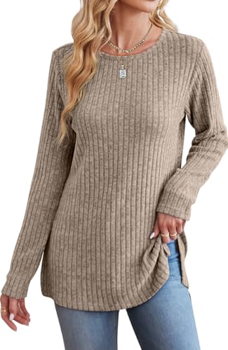Image of Jescakoo Long Sleeve Shirts for Women Crew Neck Fall Tops Side Split Lightweight Tunic Sweaters Fashion Clothes 2025 S-4XL