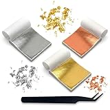 251 Stück Blattgold Blätter zum Basteln und Dekorieren, Goldfolie und Blattsilber für Nageldesign, Möbelveredelung und DIY Projekte, 8 x 8,5 cm Größe mit Gebogener Pinzette