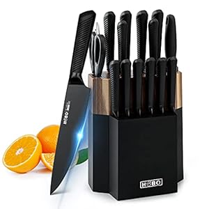 Hobo 15 Piece Black Kitchen Knife Set With Wooden Block, Knife Block Set With Non-stick Coating, Professional Kitchen Knife Set Made Of German Stainless Steel High Carbon