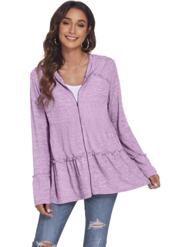 Image of DEESHA Plus Size Zip Up Hoodie for Curvy Women Spring Ruffle Hooded Sweatshirts Jacket Cardigans Lightweight