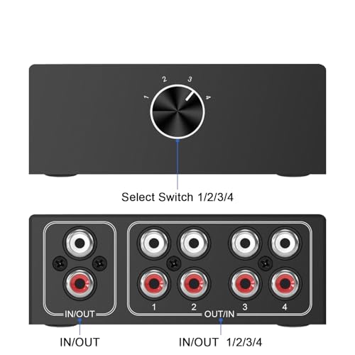 Image of Dingsun 4-Way Stereo Audio Switcher, Bi-Directional Right and Left Channel Audio Selector Box for Blu-ray Players or DVD Players Active Speakers (4In-1Out /1In-4Out)