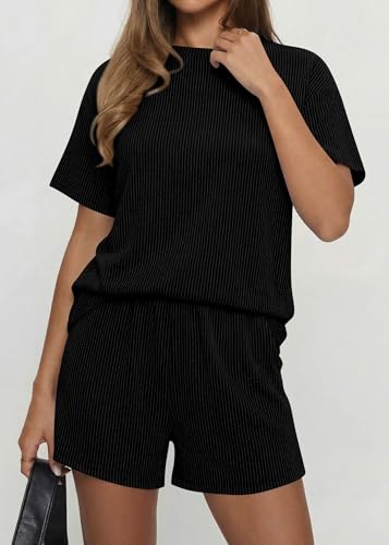 KIRUNDO Two Piece Sets for Women Dressy Casual Ribbed Knit Short Sleeve Top Matching Shorts Lounge Set 2026 Summer Outfits(Black, X-Large) — view 4