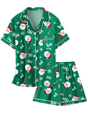Image of Schbbbta Womens Pajamas, Satin Silk Pjs 2 Pcs Set Button-Up Short Sleeves Notched Collar Sleepwear Soft Cozy Cool Loungewear, R Christmas Santa Claus, X-Large
