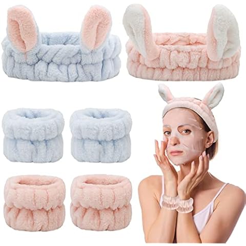 AMCAMI Bunny Ears Shower Set for Women - 6 Pcs Makeup Headbands with Wristband, Elastic Cosmetic Headbands for Face Washing Cover