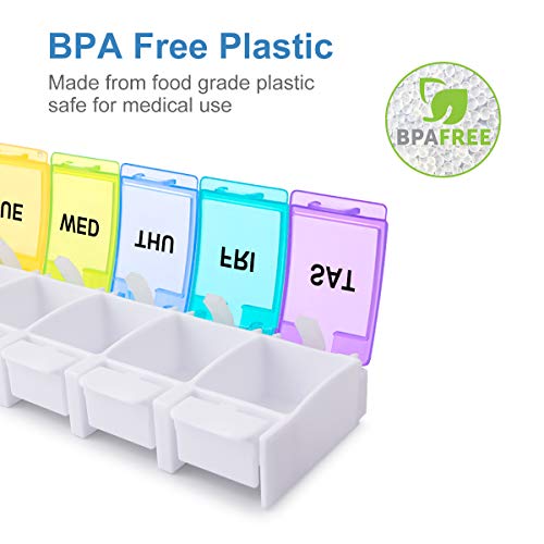 [2 Pack] Large 7 Day Pill Organizer One Time A Day Or Twice A Day, Push Button Weekly Pill Box,Am Pm Vitamin Pill Case, Rainbow Pill Container #TOP3