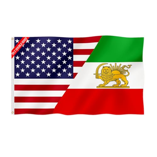 Double Sided USA and Old Iran Historic Persia Friendship Flag 3x5FT Former Lion Sun Iranian Flag Fade Proof Gorgeous Color Thicker Polyester with 2 Brass Grommets