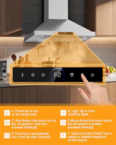 36 Inch Wall Mount Range Hood 1200CFM, 4 Speed Remote Control Kitchen Wall Mount Range Hood with Motion Sensor & Adjustable LED Lighting Ducted/Ductless Convertible Pro Series