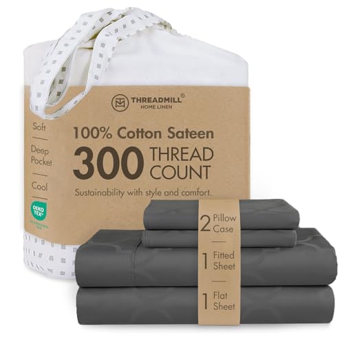 Image of Threadmill 300TC Cotton King Sheet Set, Sateen, Damask, Dark Grey, 4-Piece | 100% Cotton, Sateen Weave, Damask Pattern, 4-Piece Set, 16 inch Deep Pocket, Fade-Resistant, Breathable, All-Season, Lightweight