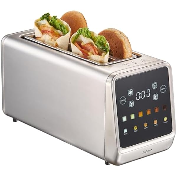 Yabano Toster 4 kromki z ekranem dotykowym i funkcją pamięci, technologia Single-Slice, timer, funkcja rozmrażania i podgrzewania, toster ze stali nierdzewnej z 6 poziomami opiekania, 5 programów