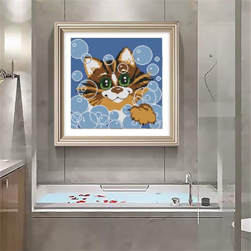 Image of JOYSEWING Cat Bathing Counted Printed Cross Stitch Kits Classic Series Stamped Embroidery Starter Sets for Beginners DIY Bathroom Decoration DMC 11CT- (Bubble Cat(11CT) 15.35 x15.35 inches)