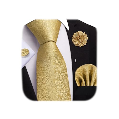 Image of Dubulle Mens Tie and Lapel Pin Paisley Striped Floral Necktie for Men Pocket Square Cufflinks 4PCS Set Wedding Party