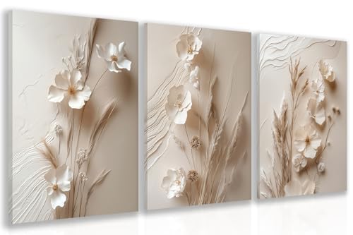 GELDSTEI Neutral Beige Floral Canvas Wall Art, Modern Minimalist Texture
