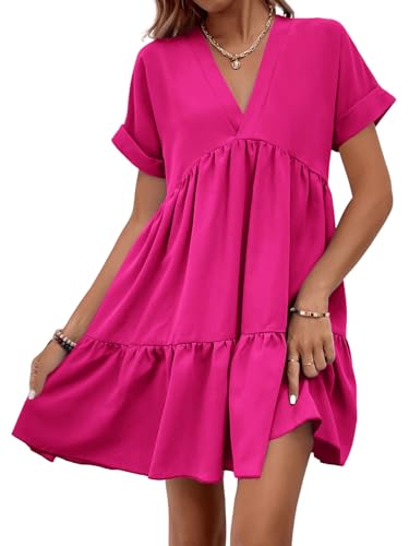 Image of WDIRARA Women's Roll Up Short Sleeve V Neck Ruffle Hem Solid Swing Smock Dress